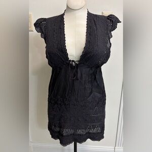 BLACK JOHNNY WAS VINTAGE SILK EYELET AND LACE TUNIC SMALL